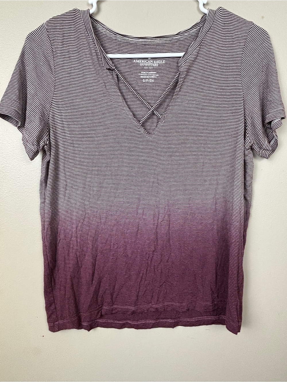 American Eagle Outfitters Plum Ombre Striped V-Neck Tee